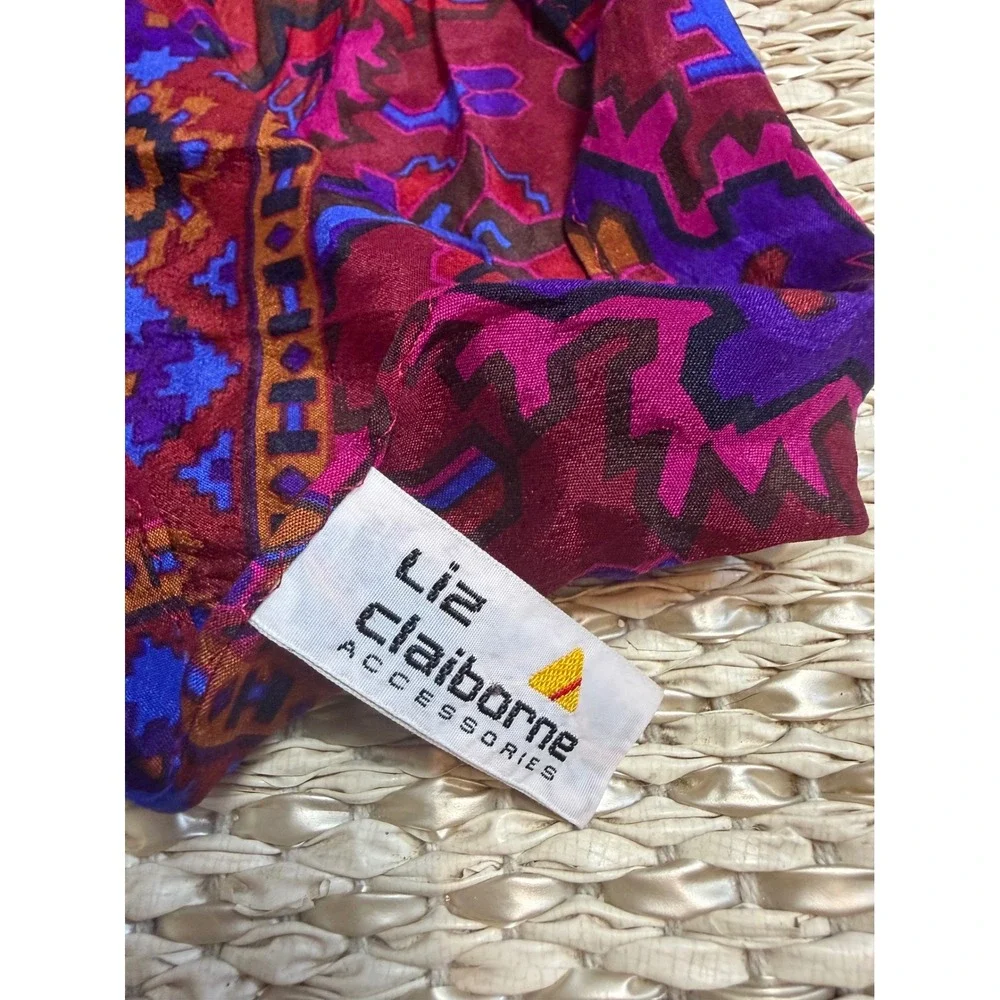 Liz Claiborne Vintage 100% Silk Scarf Jewel Tone Geometric Abstract Burgundy